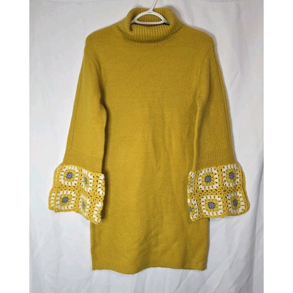 Yellow Crochet Hippie Bell Sleeve Knit Sweater Dress Cozy Cottagecore Boho M - Picture 2 of 11